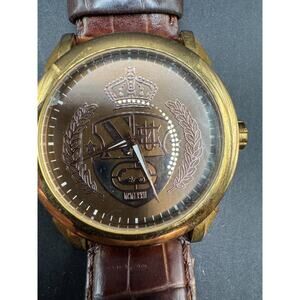 Marc Ecko Men’s Gold-Tone Wristwatch w/ Crest Dial & Leather Strap E95040G1